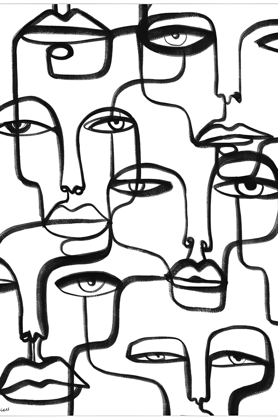 Faces - overlapping faces drawn in one continuous line, eyes and mouths sharing edges, on a metal wall art plate