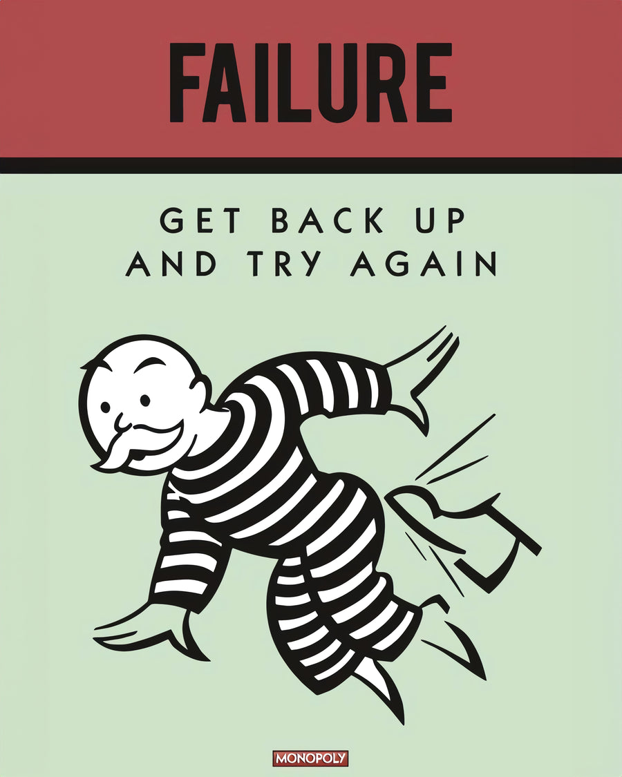 Failure – Get Back up and Try Again - fAILURE — “Get back up and try again” — in the style of a vintage board-game card, deep red, on a metal wall art plate