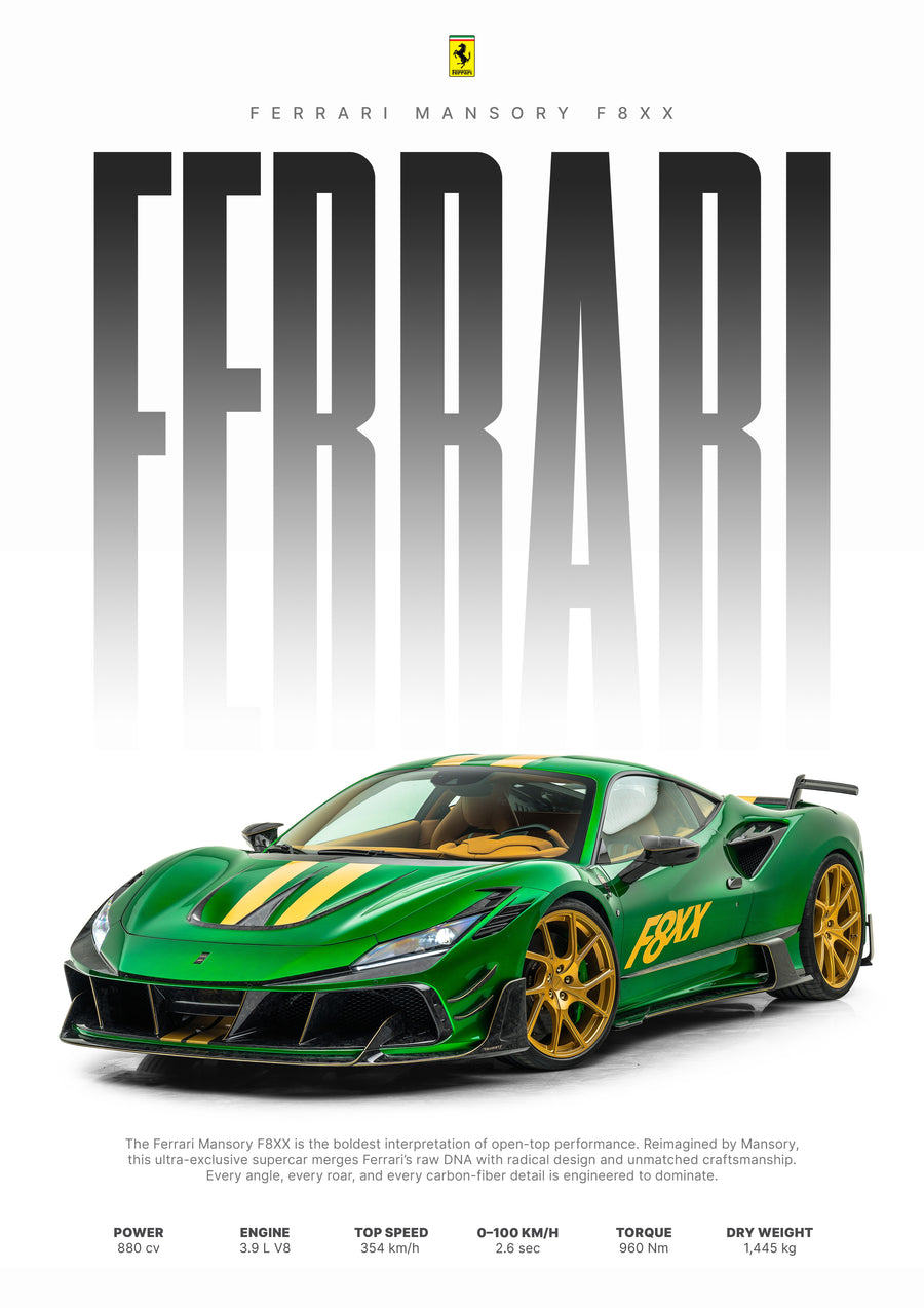 Ferrari Mansory F8XX – Spec Poster - the Mansory F8XX in green and gold with its carbon aero, under the marque in tall fading type, on a metal wall art plate