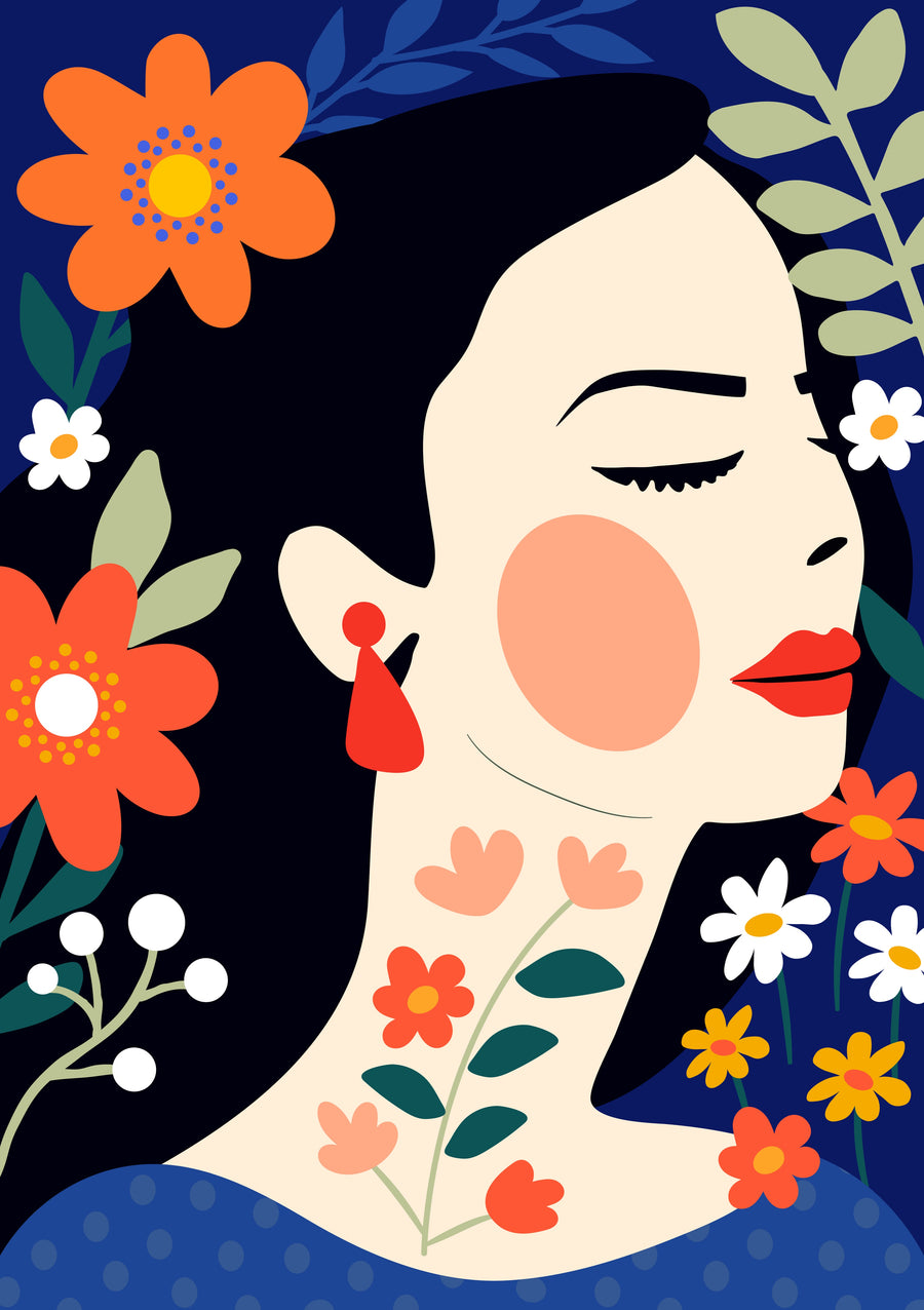 Floral Muse - a stylised woman in profile is surrounded by bright flowers, deep navy and playful botanical shapes, on a metal wall art plate