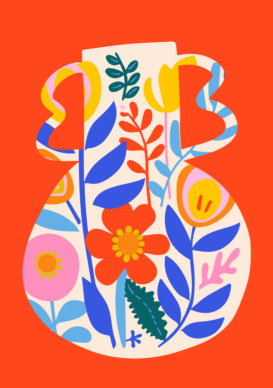 Floral Vessel - a decorative cream vase is filled with colourful graphic flowers and leaves against a vivid orange field, on a metal wall art plate