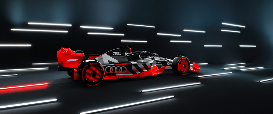 Formula 1 – Black and Red, Light Tunnel - a Formula 1 car in black and red, Audi livery, shot against a clean studio ground, on a metal wall art plate
