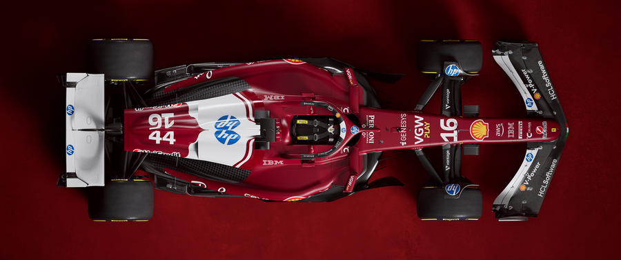 Formula 1 – Crimson from Above - a Formula 1 car in dark red, shot against a clean studio ground, on a metal wall art plate