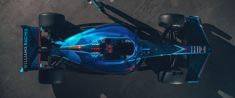 Formula 1 – Deep Blue from Above - a Formula 1 car in blue, shot against a clean studio ground, on a metal wall art plate