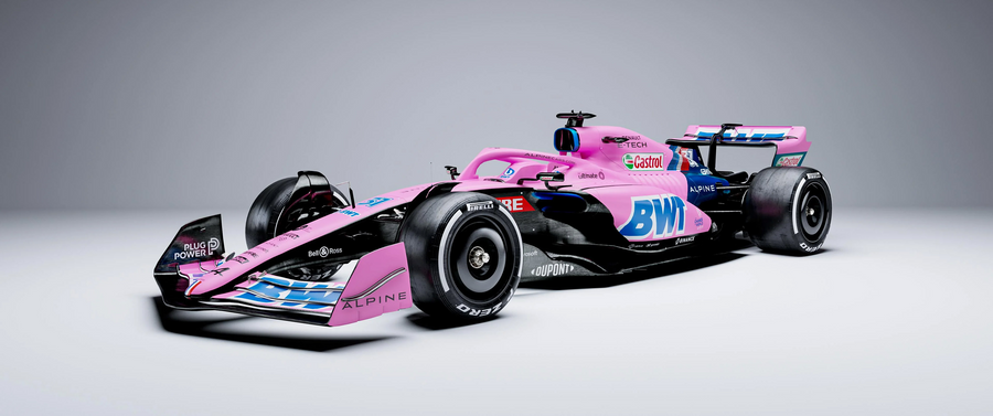 Formula 1 – Pink Livery in Profile - a Formula 1 car in pink and blue side view, Alpine livery, shot against a clean studio ground, on a metal wall art plate