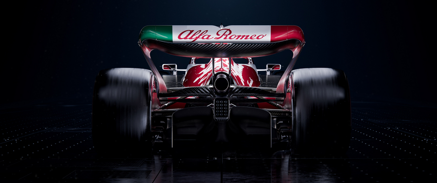 Formula 1 – Red and White from Behind - a Formula 1 car in rear view, Alfa Romeo livery, shot against a clean studio ground, on a metal wall art plate