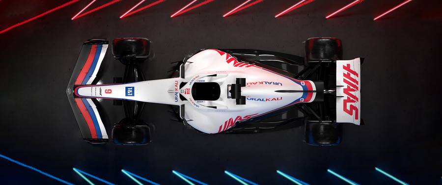 Formula 1 – White Livery from Above - a Formula 1 car in white, red and blue, shot against a clean studio ground, on a metal wall art plate