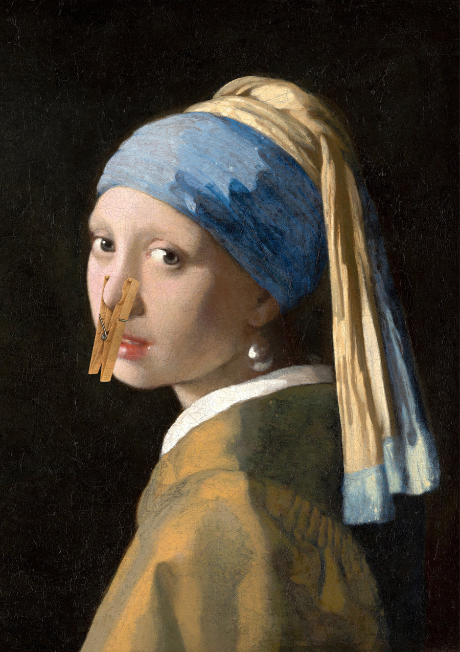 Girl With a Clothes Peg - the pearl earring portrait, straight-faced, with a wooden peg on her nose, on a metal wall art plate