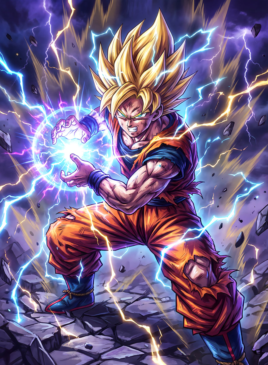 Goku – Lightning - goku gathering energy in super saiyan gold, lightning round him, on a metal wall art plate