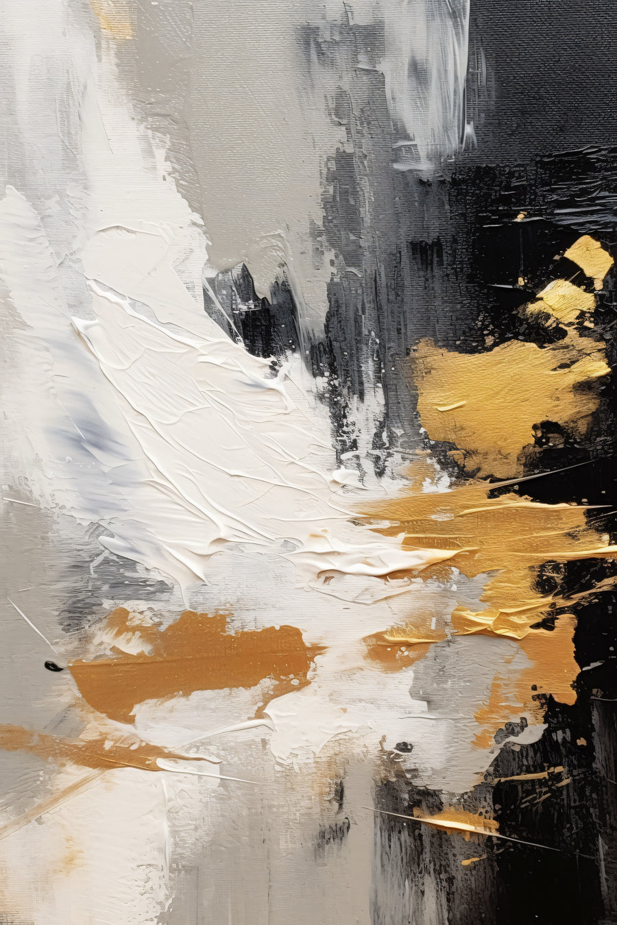 Gold Monochrome Texture - white, grey and black painted textures are broken by bold metallic-gold strokes, on a metal wall art plate