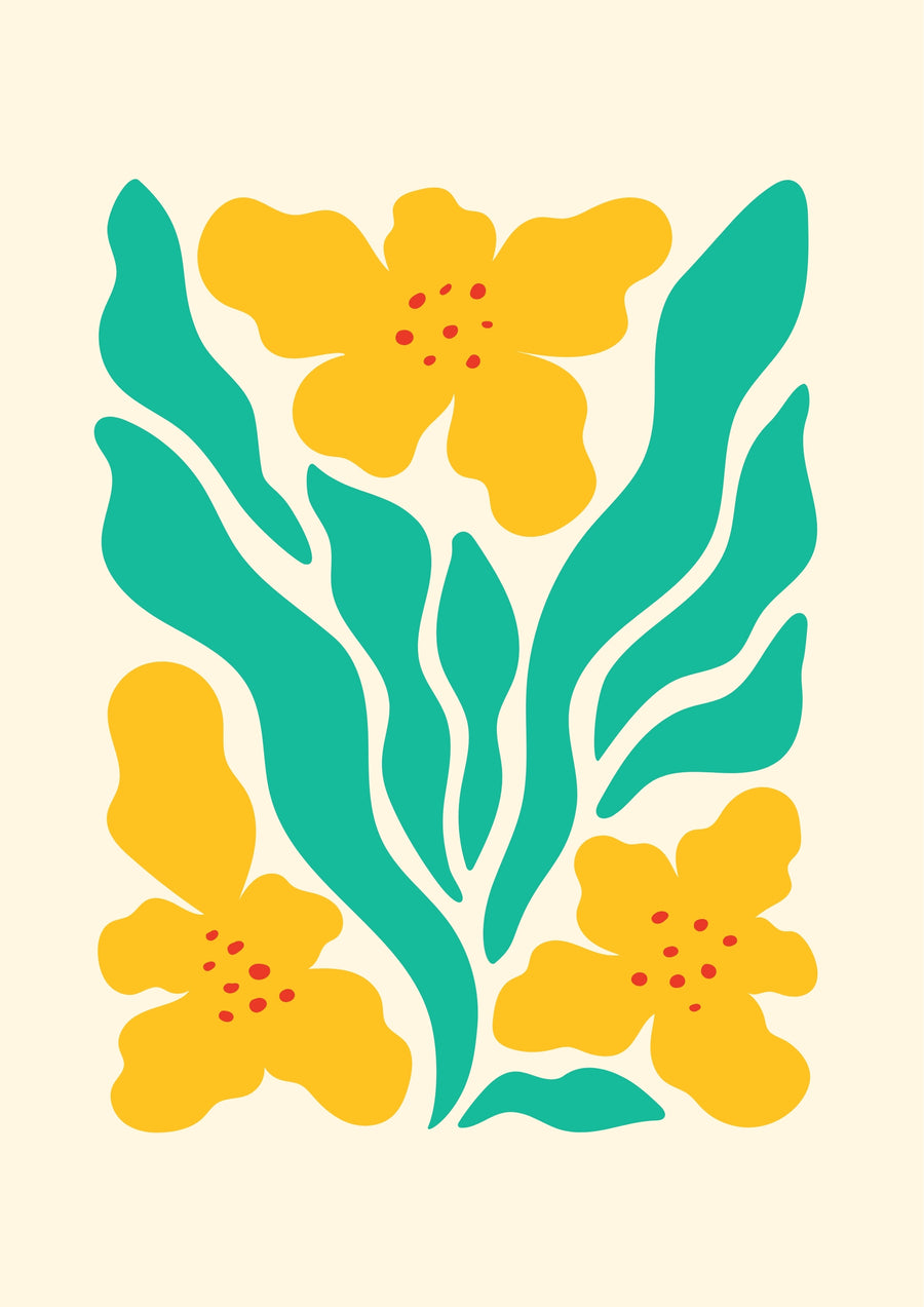 Golden Bloom - three bold golden flowers rise through sweeping teal leaves on a soft cream background, on a metal wall art plate