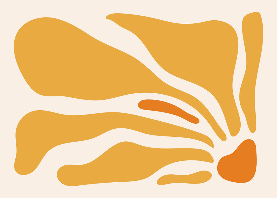 Golden Contours - golden ochre forms flow across a warm cream background with small orange accents, on a metal wall art plate