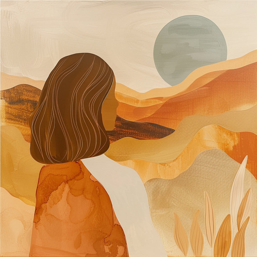 Golden Dune Portrait - a stylised woman faces a sweeping golden desert landscape beneath a muted moon, on a metal wall art plate