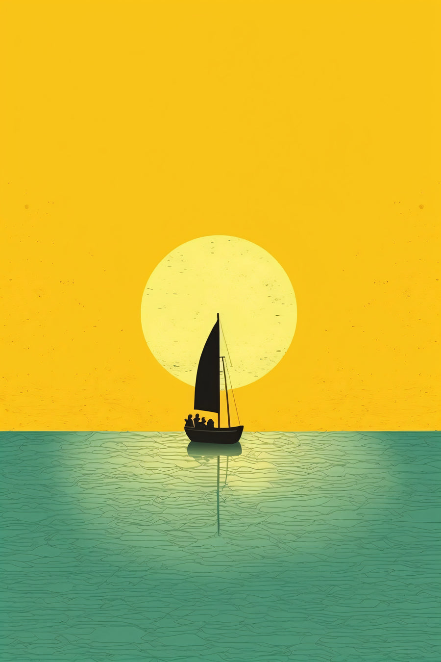 Golden Horizon - a dark sailboat sits against a glowing yellow sun above calm green water, on a metal wall art plate