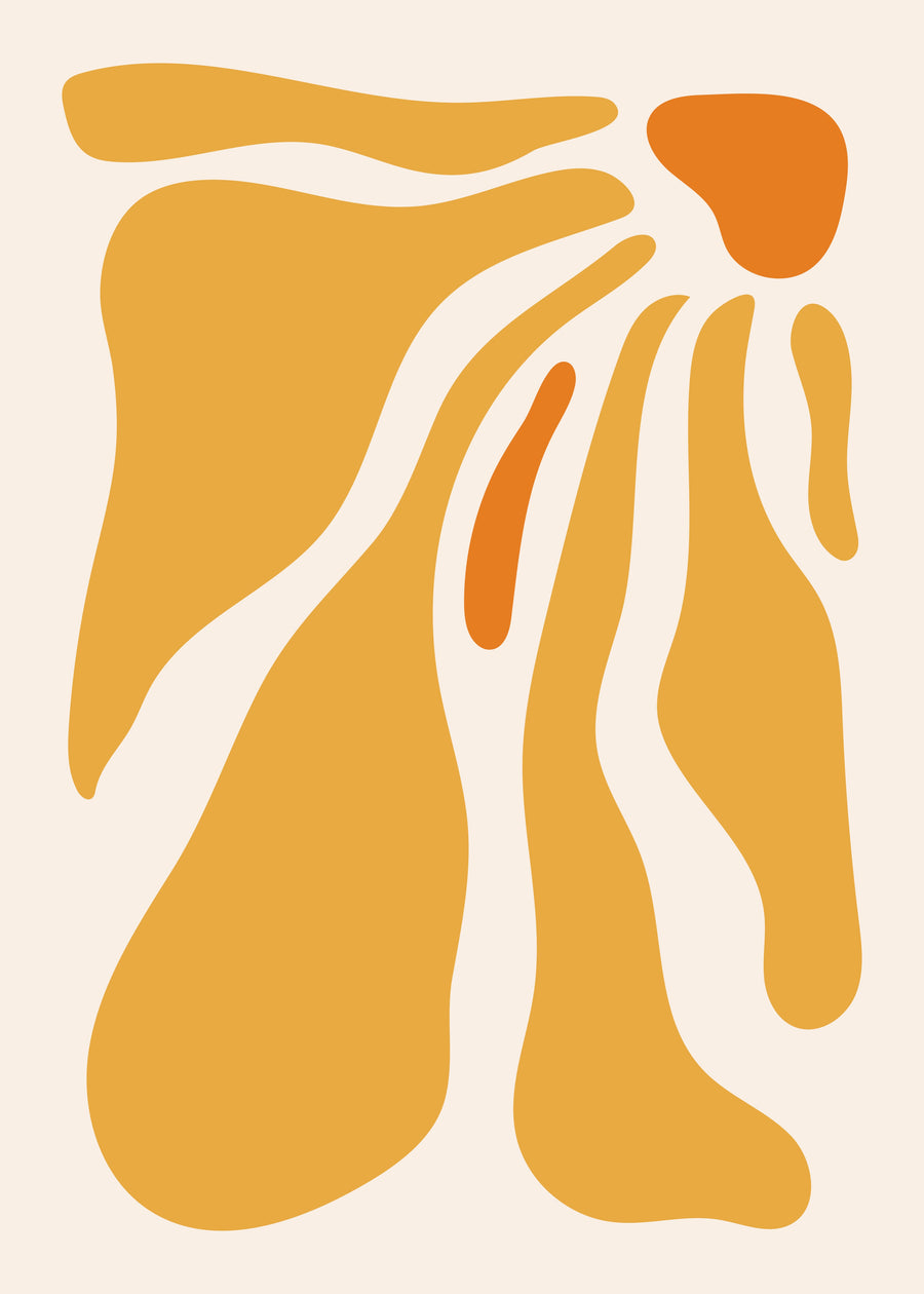 Golden Orange Cascade - golden forms cascade across a warm cream background with vivid orange details, on a metal wall art plate