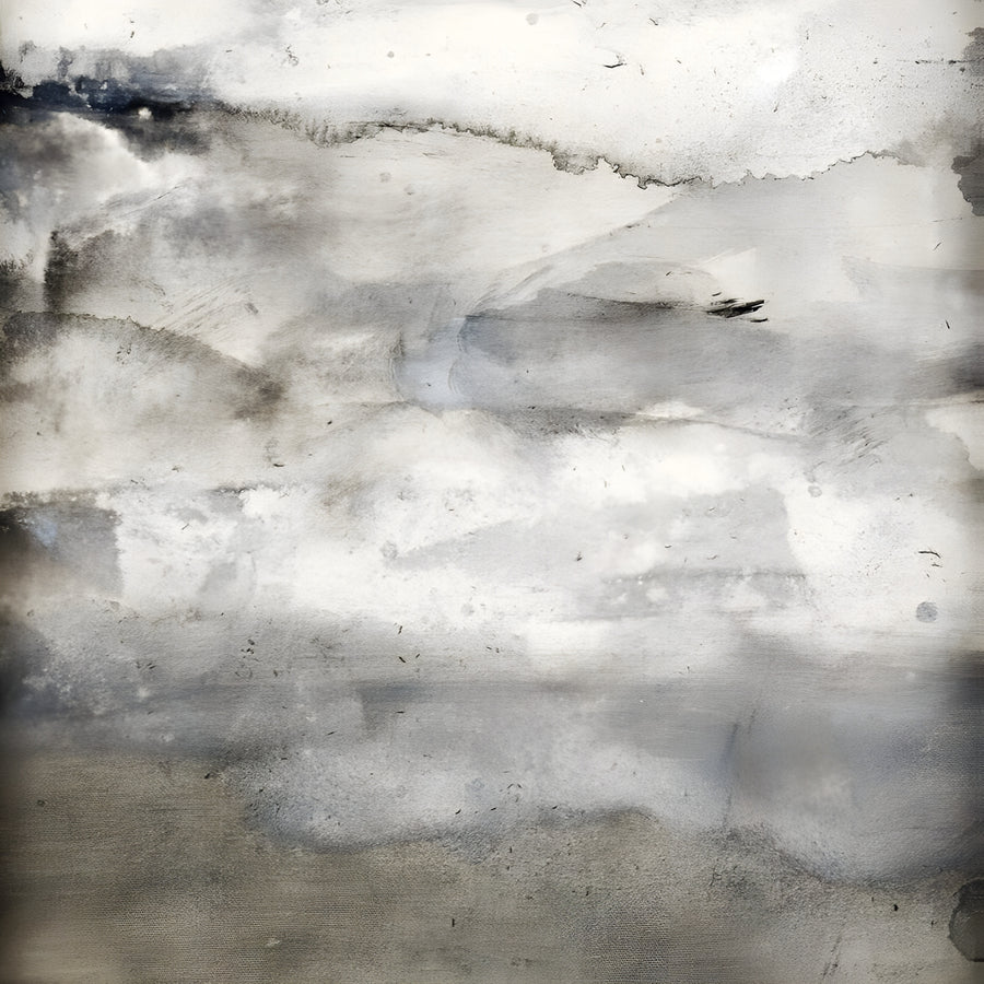 Grey Weather - a wash of grey and white settling into bands, somewhere between a landscape and fog, on a metal wall art plate
