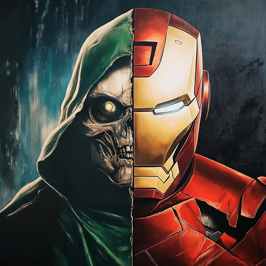 Half Alive - one side armour, one side skull, split straight down the middle, on a metal wall art plate