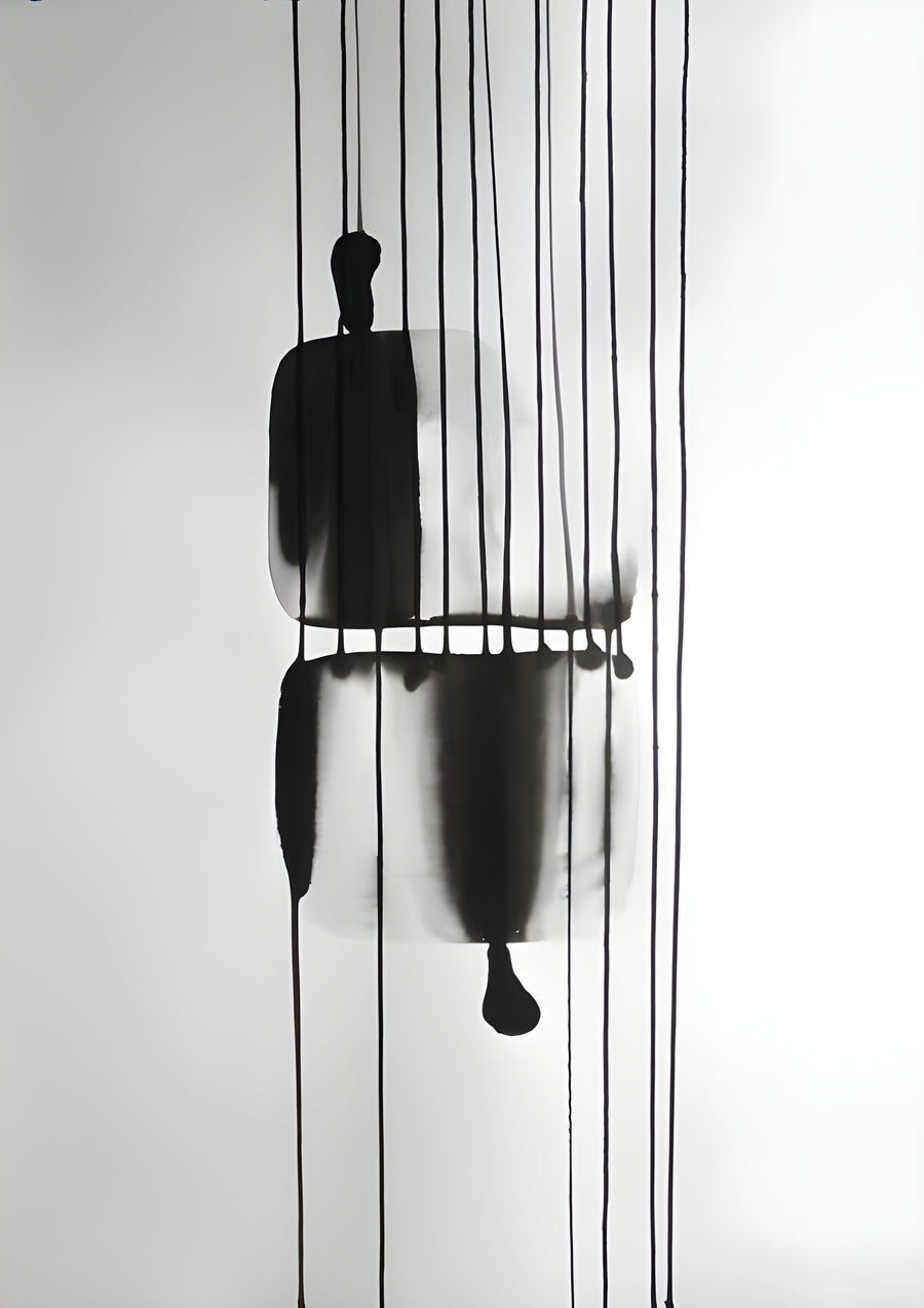 Hanging Weight - a dark hanging form on long strings, the ink pooling and dropping beneath it, on a metal wall art plate