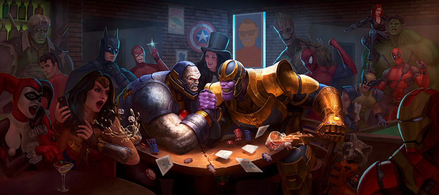 Heroes and Villains – Last Orders - heroes and villains crowded round a bar table, playing cards and drinking together, on a metal wall art plate