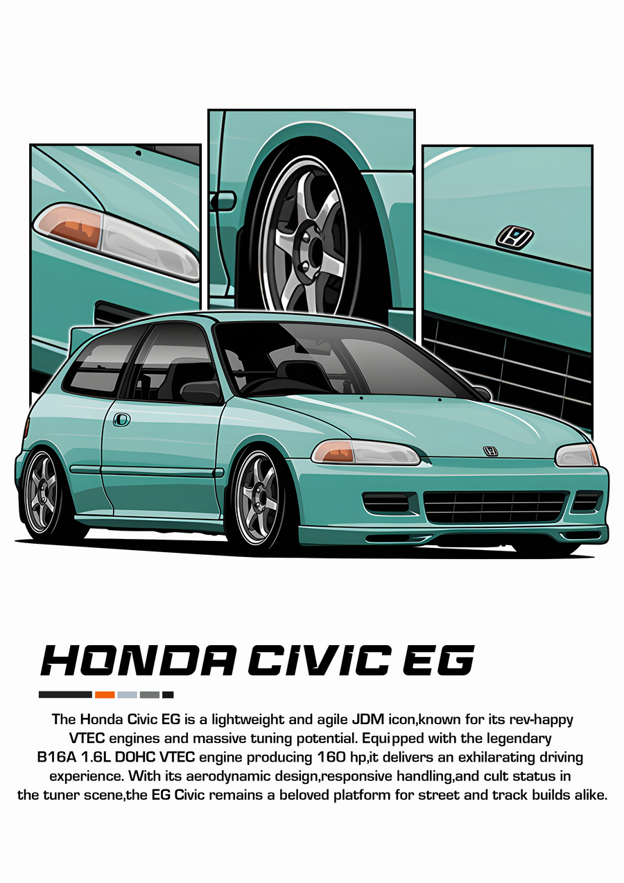 Honda Civic EG - the Honda Civic EG drawn as a tuner-style illustration in mint green, with cutaway panels, on a metal wall art plate