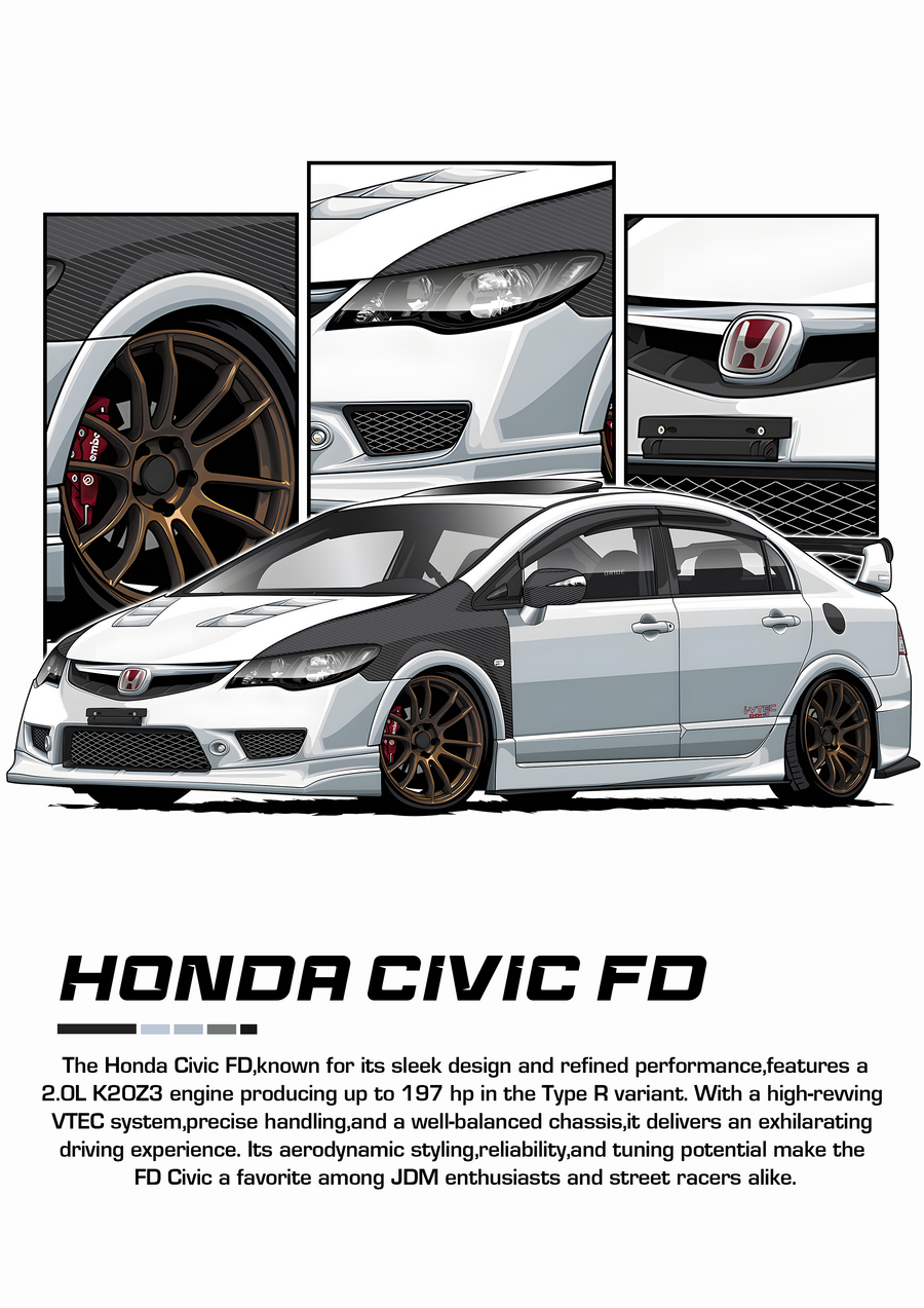 Honda Civic FD - the Honda Civic FD drawn as a tuner-style illustration in white, with cutaway panels above the, on a metal wall art plate