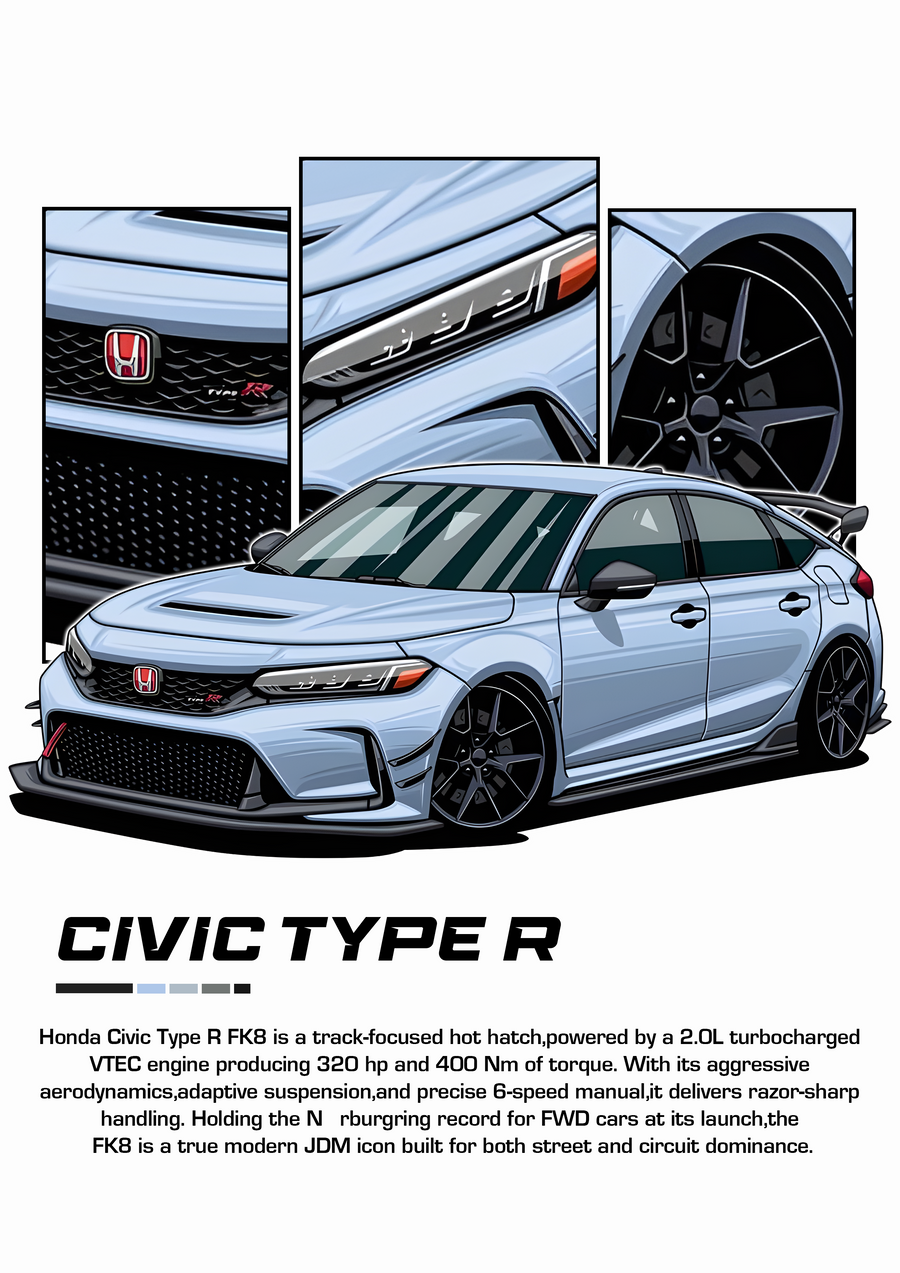 Honda Civic Type R FK8 - the Honda Civic Type R FK8 drawn as a tuner-style illustration in white, with cutaway panels, on a metal wall art plate