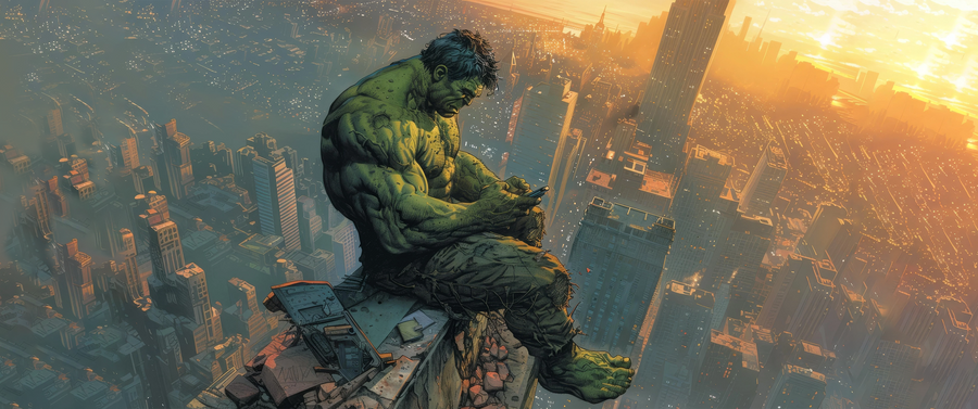Hulk – Above the City - the green giant sat on a rooftop at golden hour, city stretching away beneath, on a metal wall art plate