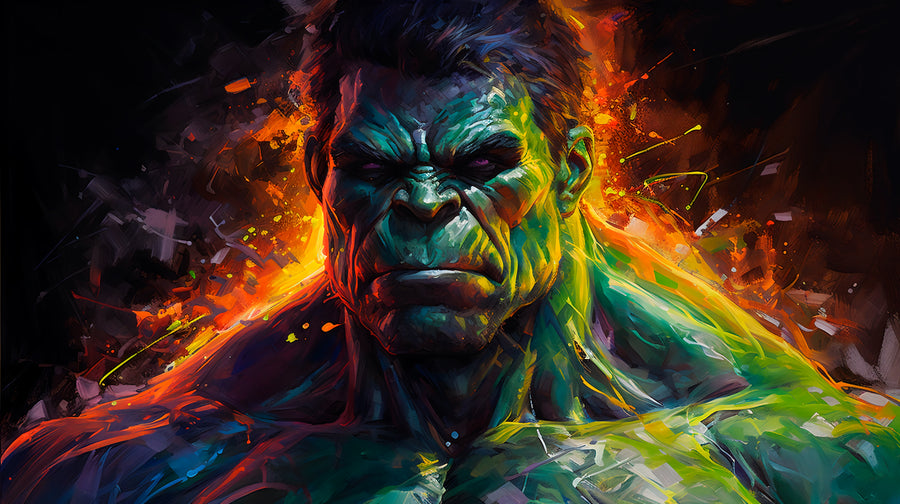 Hulk – Paint Splash - green skin against a riot of magenta and gold, on a metal wall art plate