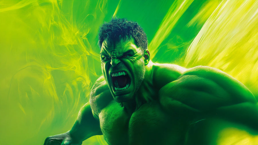 Hulk – Roar - the roar filling the frame, acid green throwing light in every direction, on a metal wall art plate