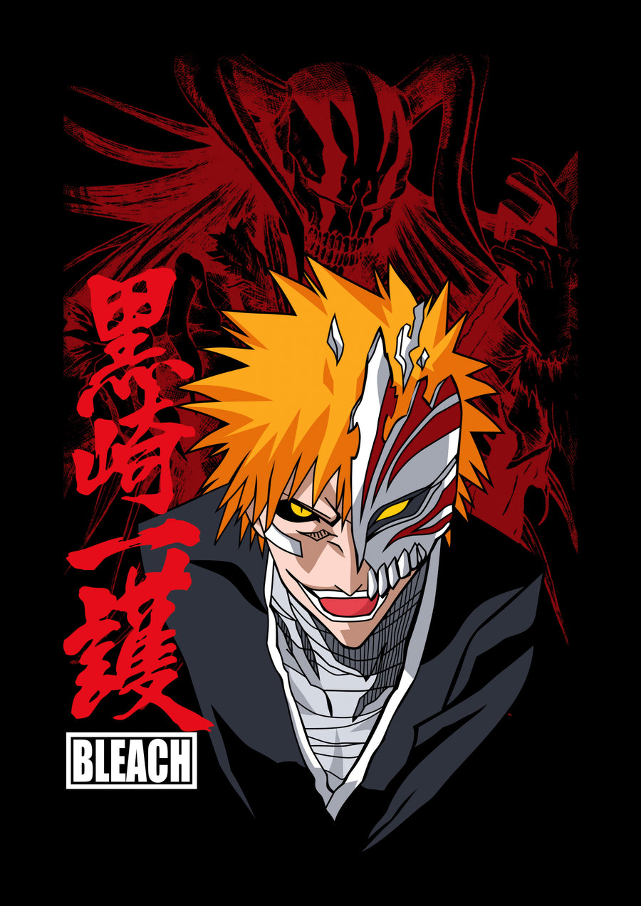 Ichigo Kurosaki – Study - ichigo with the hollow mask half on, his name in red kanji beside him, on a metal wall art plate