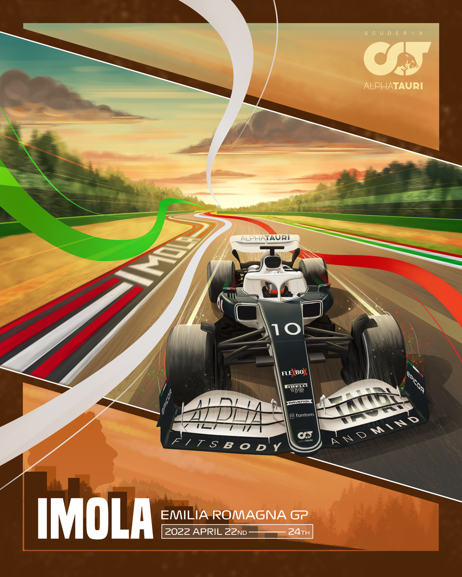 Imola 2022 – Emilia Romagna Grand Prix - an illustrated race poster for the Imola, Emilia Romagna GP 2022 — drawn in the graphic, on a metal wall art plate