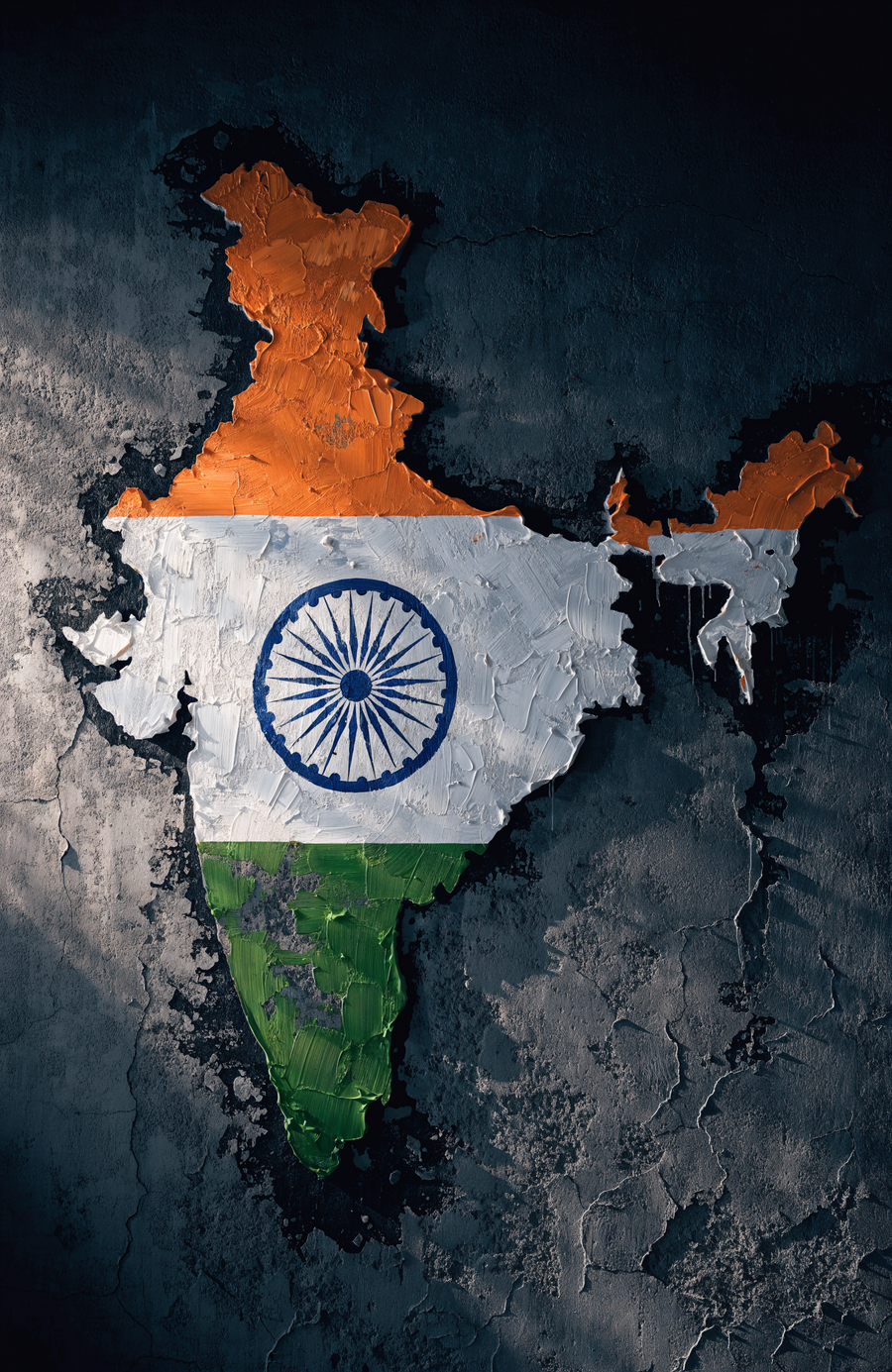 The map of India is painted straight onto dark weathered concrete, saffron, white and green worn into the wall around the Ashoka chakra