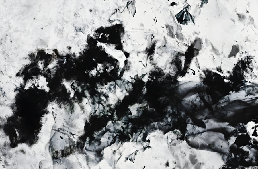 Ink Clouds - black ink billowing through white like weather seen from above, on a metal wall art plate