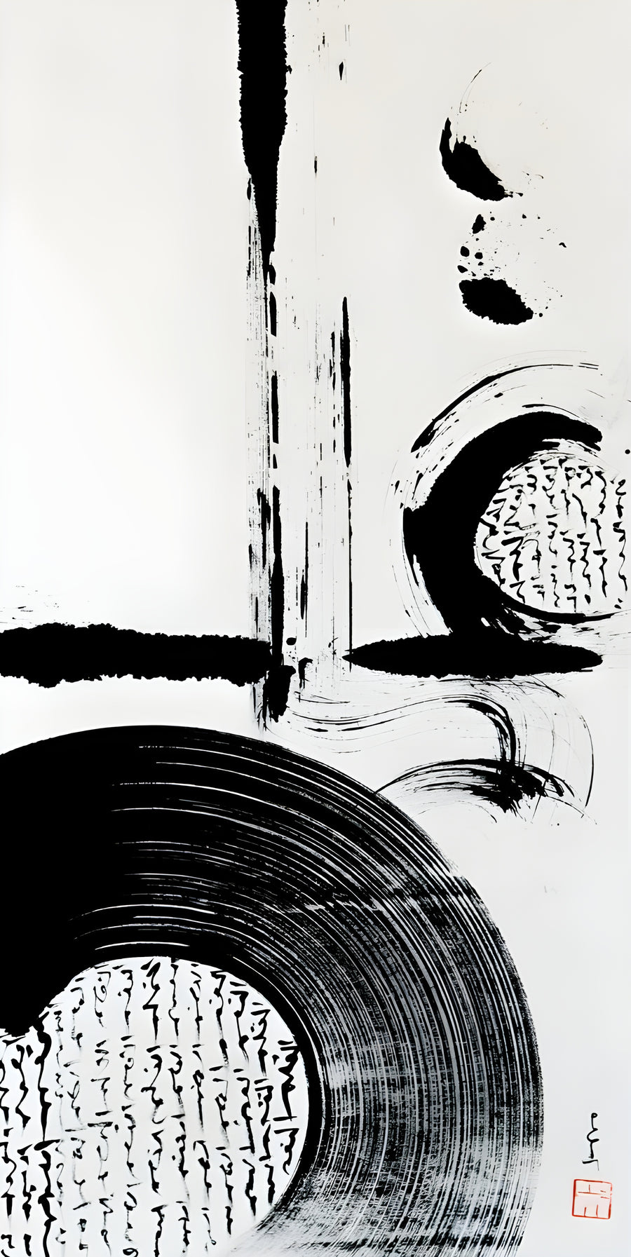 Ink Discs - heavy ink discs with textured centres, one turning like a record, sealed in red, on a metal wall art plate