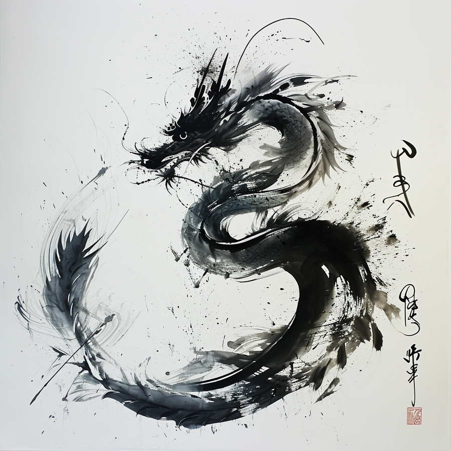 Ink Dragon - a dragon drawn in one loaded brush gesture, with calligraphy and a red seal beside it, on a metal wall art plate