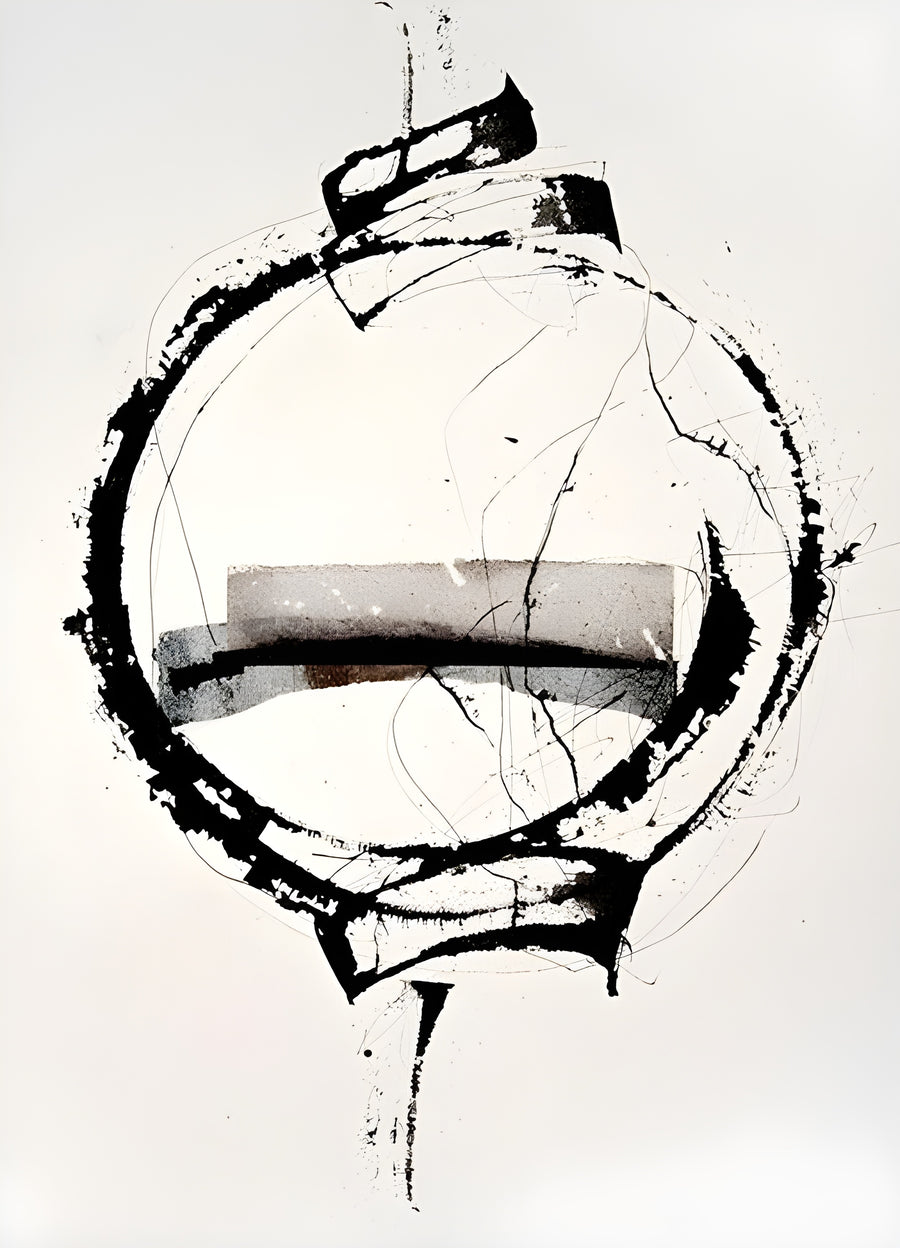 Ink Ring - a broken ink ring with a collaged bar laid across its middle, on a metal wall art plate