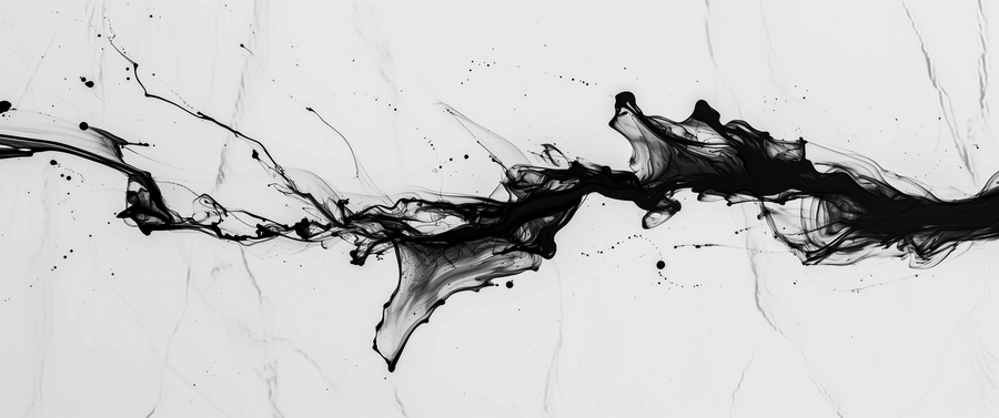 Ink Trail - a single black ink streak torn across white, fraying into threads at both ends, on a metal wall art plate