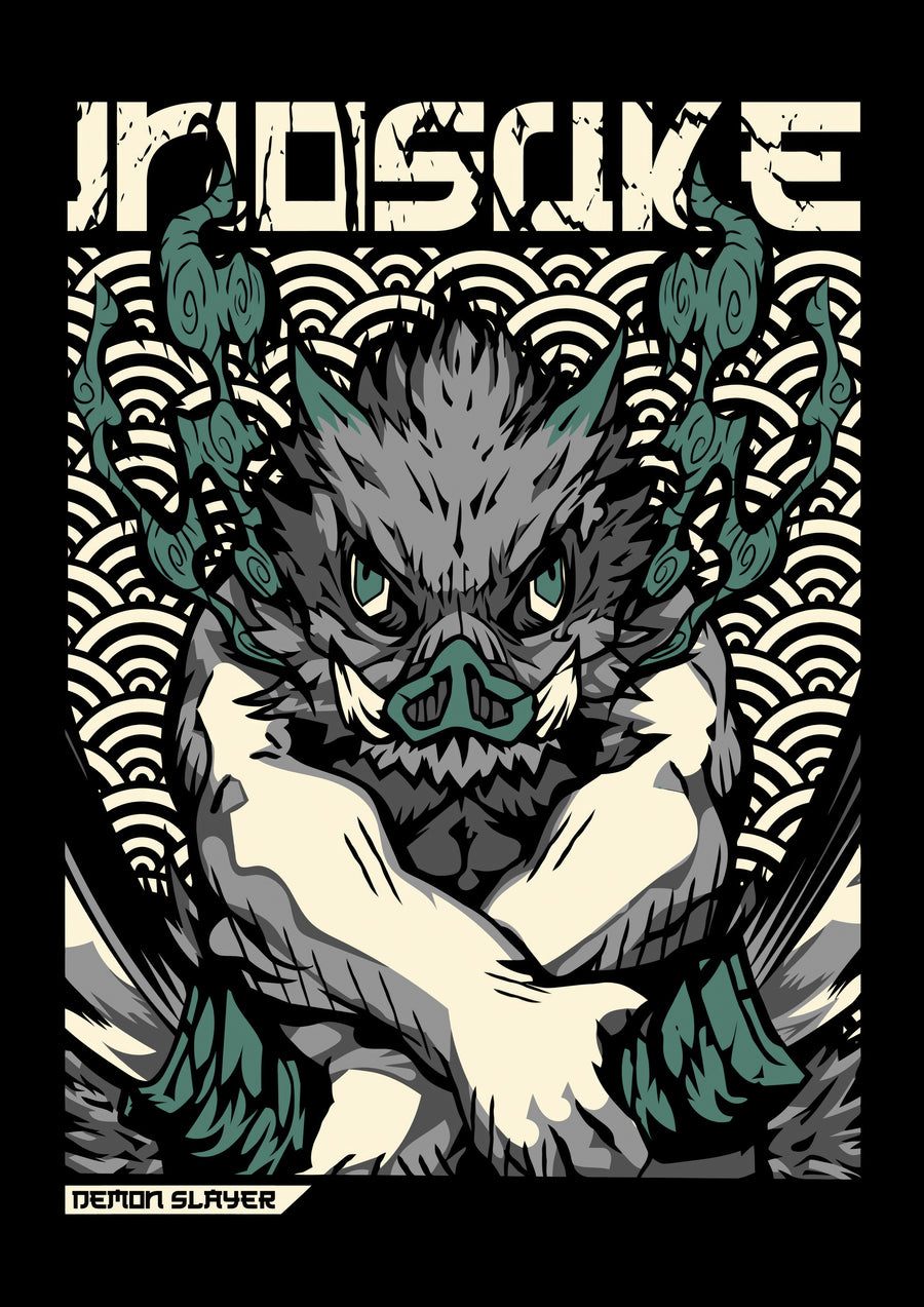 Inosuke Hashibira – Boar Mask - inosuke in his boar mask against a green wave pattern, on a metal wall art plate