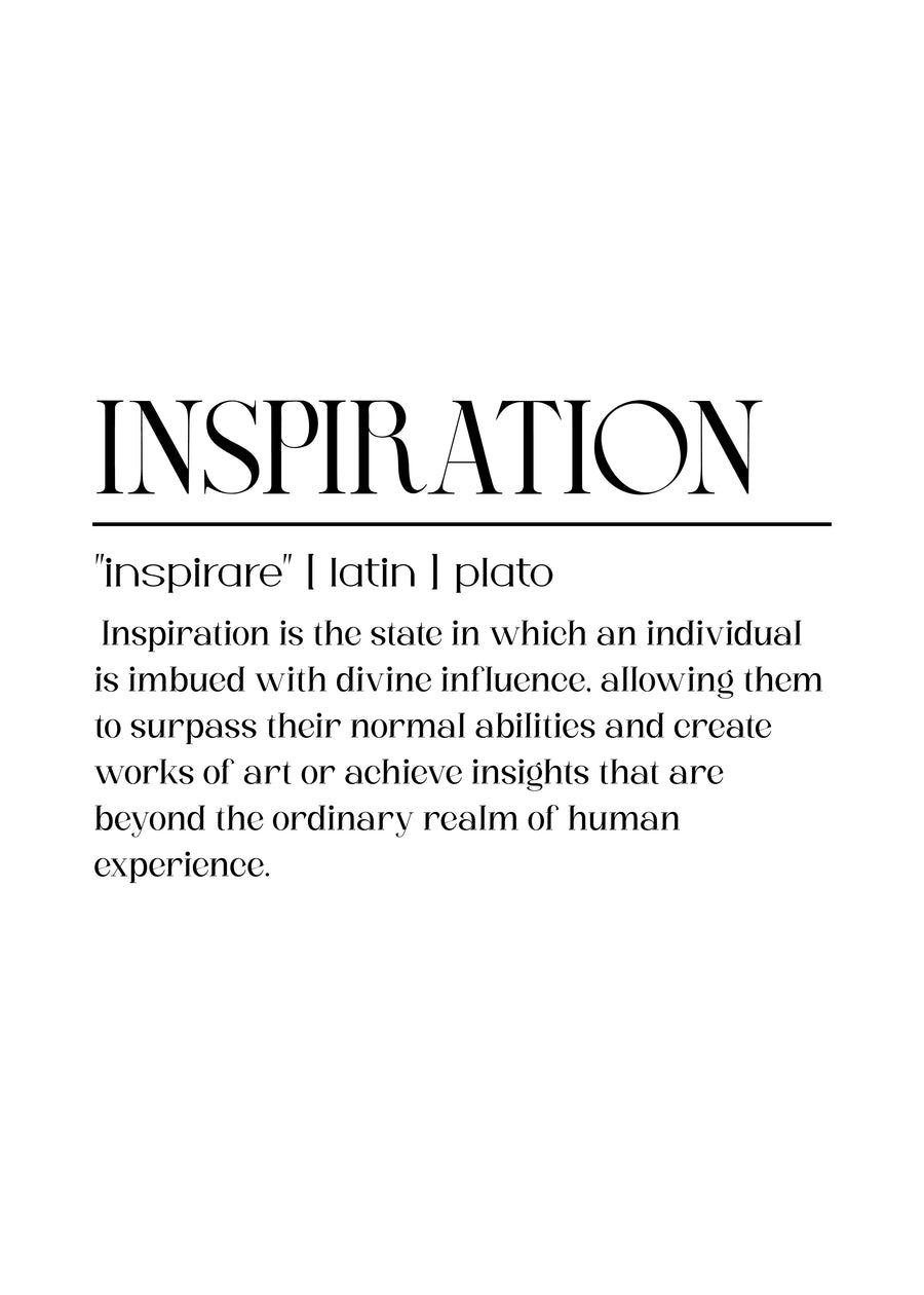 Inspiration – Definition - iNSPIRATION, set out as a dictionary entry: "inspirare" | latin | plato, on a metal wall art plate