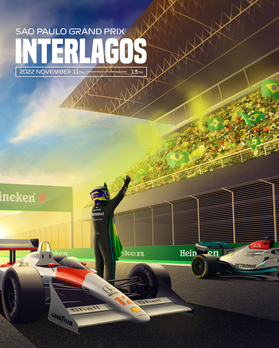Interlagos 2022 – São Paulo Grand Prix - an illustrated race poster for the Interlagos Sao Paulo GP 2022 — drawn in the graphic, on a metal wall art plate