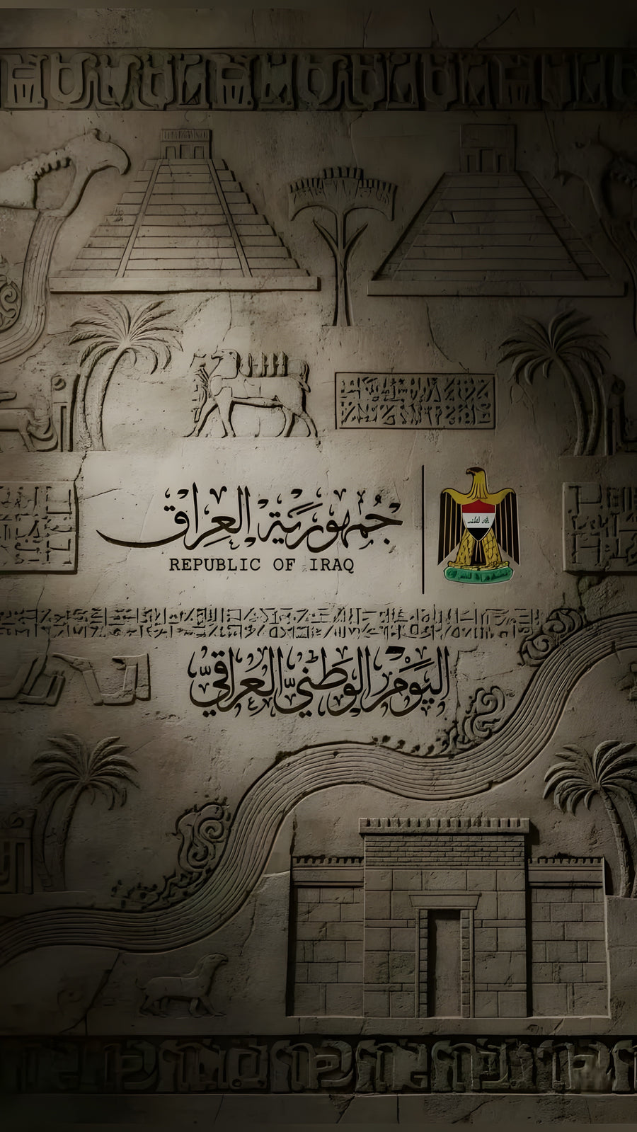 Ziggurats, palms and cuneiform cut into a single slab of stone, with the emblem of the Republic of Iraq set at the centre