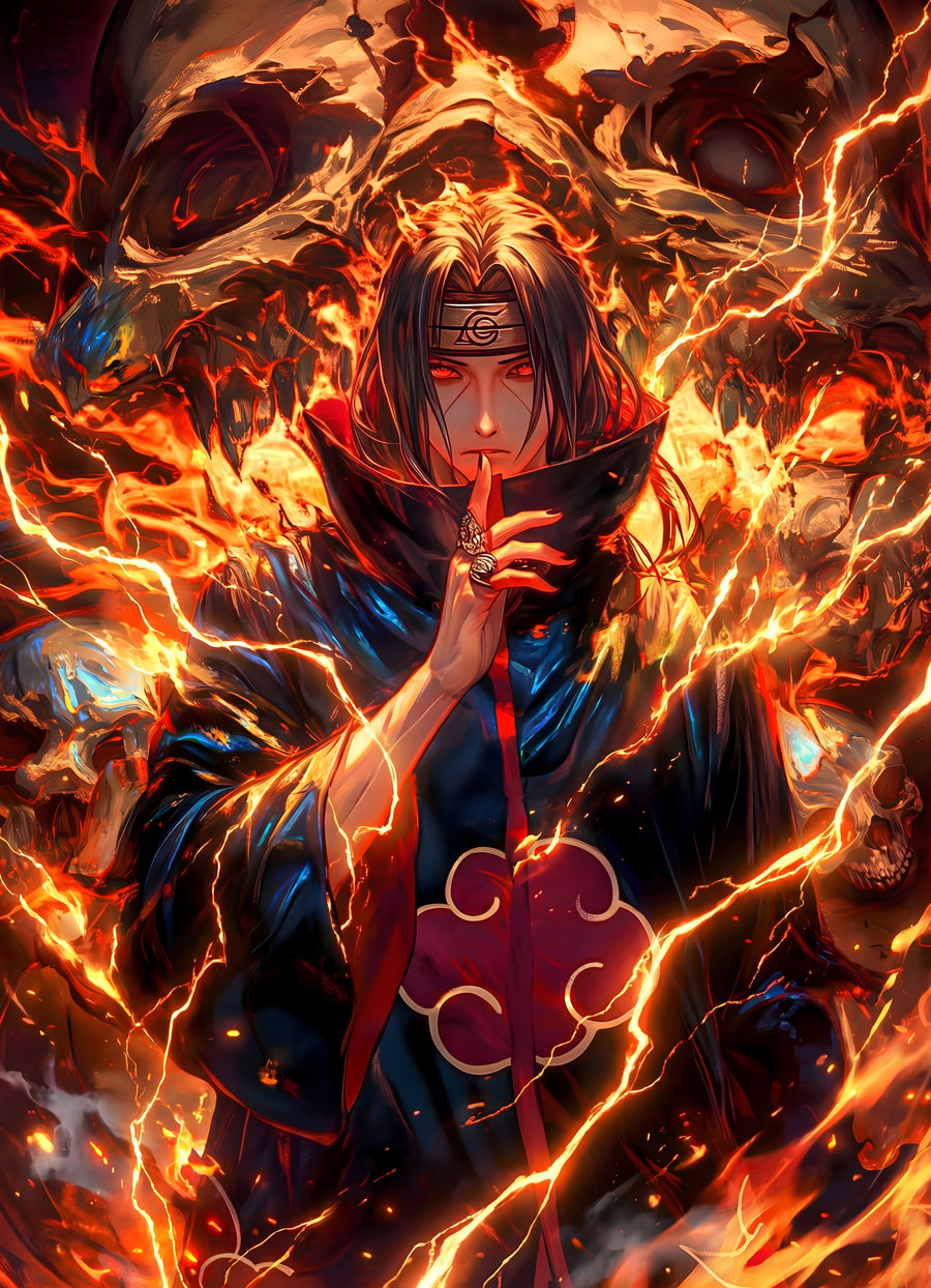 Itachi Uchiha – Portrait - itachi in the Akatsuki cloak inside a wall of fire, on a metal wall art plate