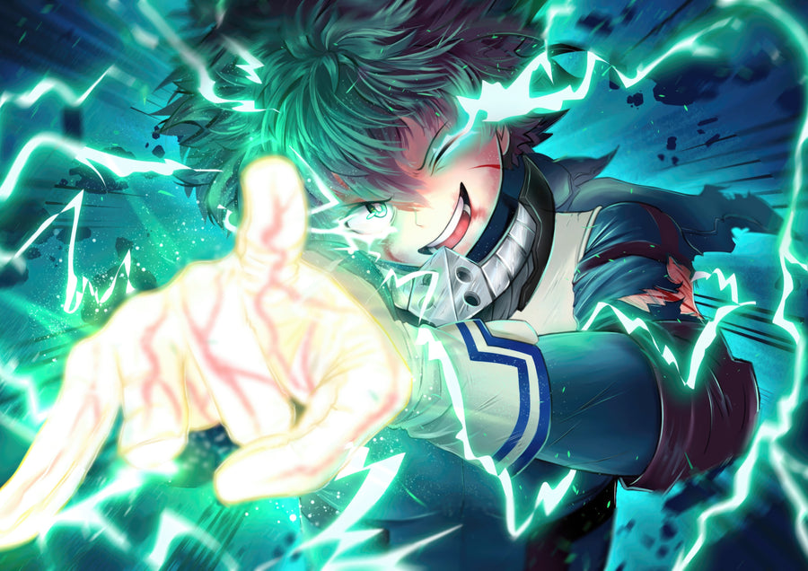 Izuku Midoriya – Grinning - deku wrapped in green lightning, grinning through it, on a metal wall art plate