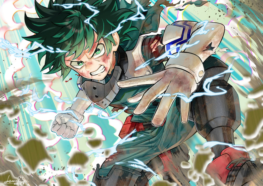 Izuku Midoriya – Lightning - deku surrounded by crackling green lightning, mid-leap, on a metal wall art plate