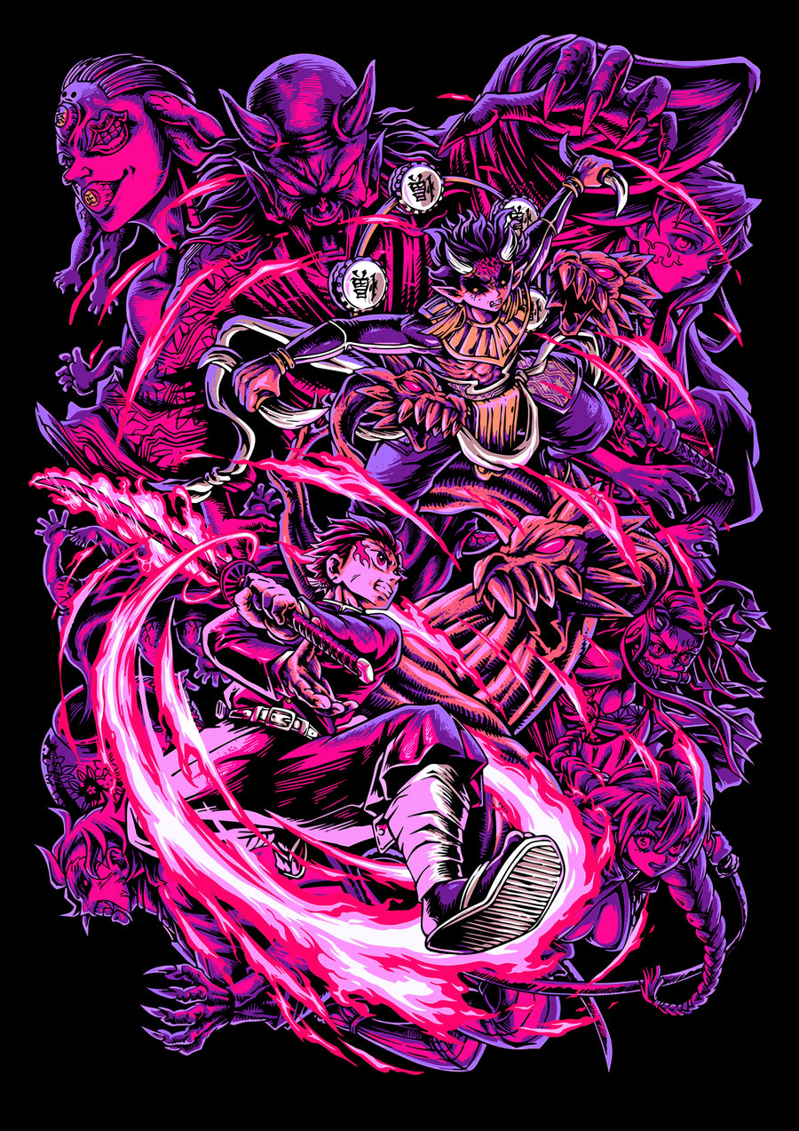 Kaido – In Violet - a dense neon-pink and purple montage of the Wano arc cast, on a metal wall art plate
