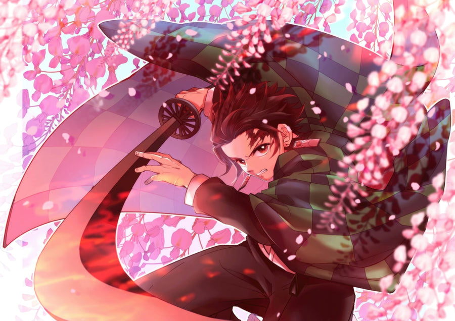 Kanao Tsuyuri – Falling Petals - a slayer twisting through a storm of pink petals, on a metal wall art plate