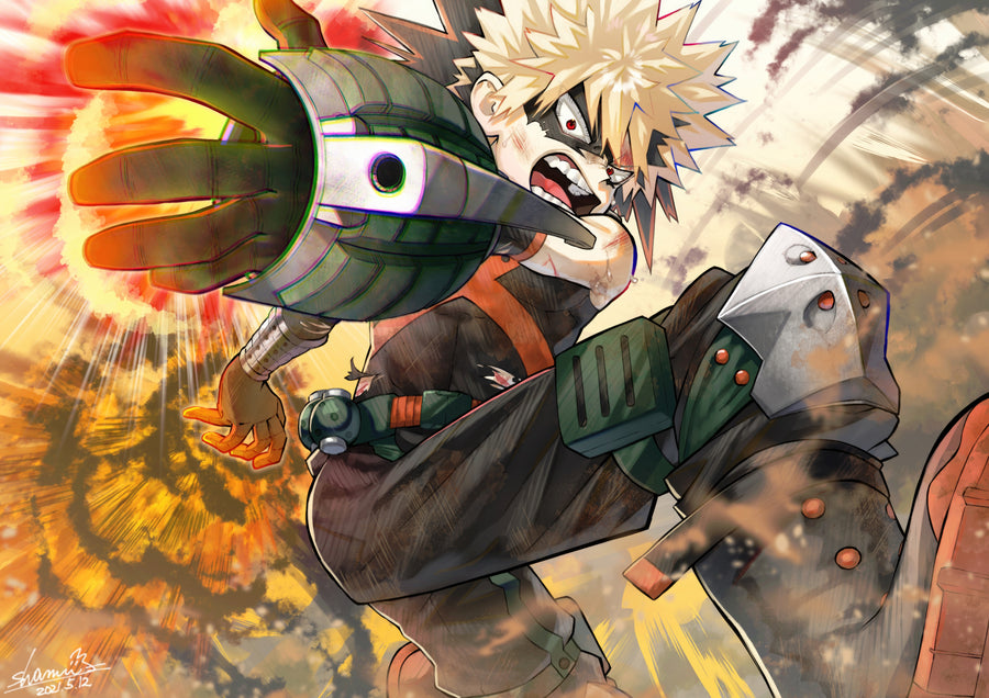 Katsuki Bakugo – Smoke - bakugo firing off a gauntlet blast in a wash of orange smoke, on a metal wall art plate
