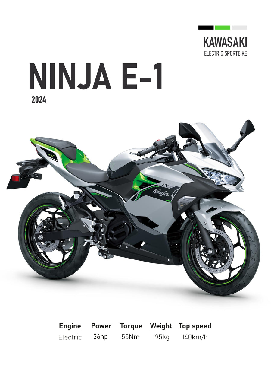 Kawasaki Ninja E-1 – 2024 - the 2024 Kawasaki Ninja E-1 in white and green, drawn in profile against a clean white ground, on a metal wall art plate