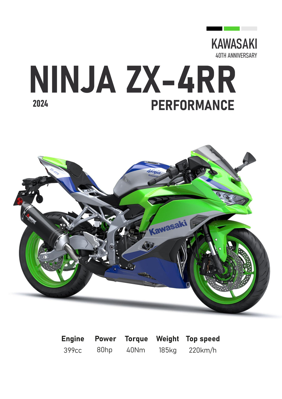 Kawasaki Ninja ZX-4RR – Performance - the 2024 Kawasaki Ninja ZX-4RR in 40th Anniversary green and blue, drawn in profile against a, on a metal wall art plate