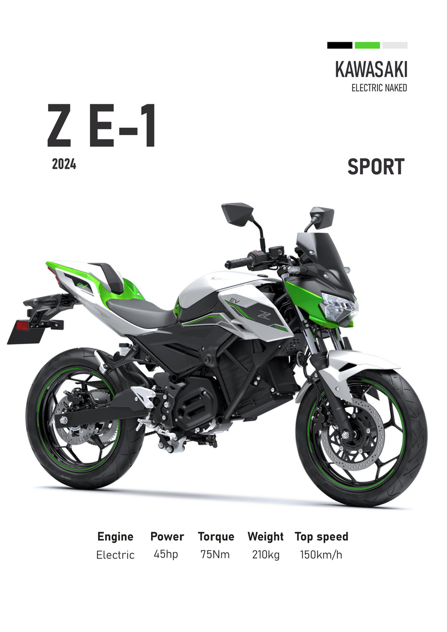 Kawasaki Z E-1 – Sport - the 2024 Kawasaki Z E-1 in white and green, drawn in profile against a clean white ground with, on a metal wall art plate